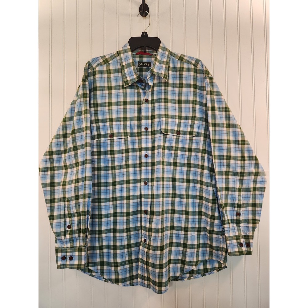 Orvis Mens Large Plaid Button Down Shirt Long Sleeve Cotton Green Blue Colorful
